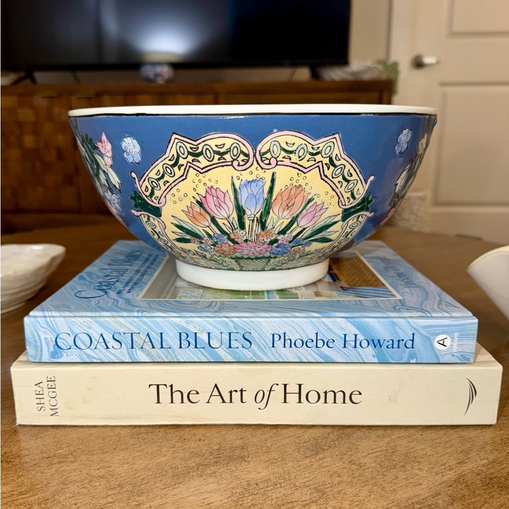 Vintage Floral Blue Chinoiserie Orchid Decorative Bowl